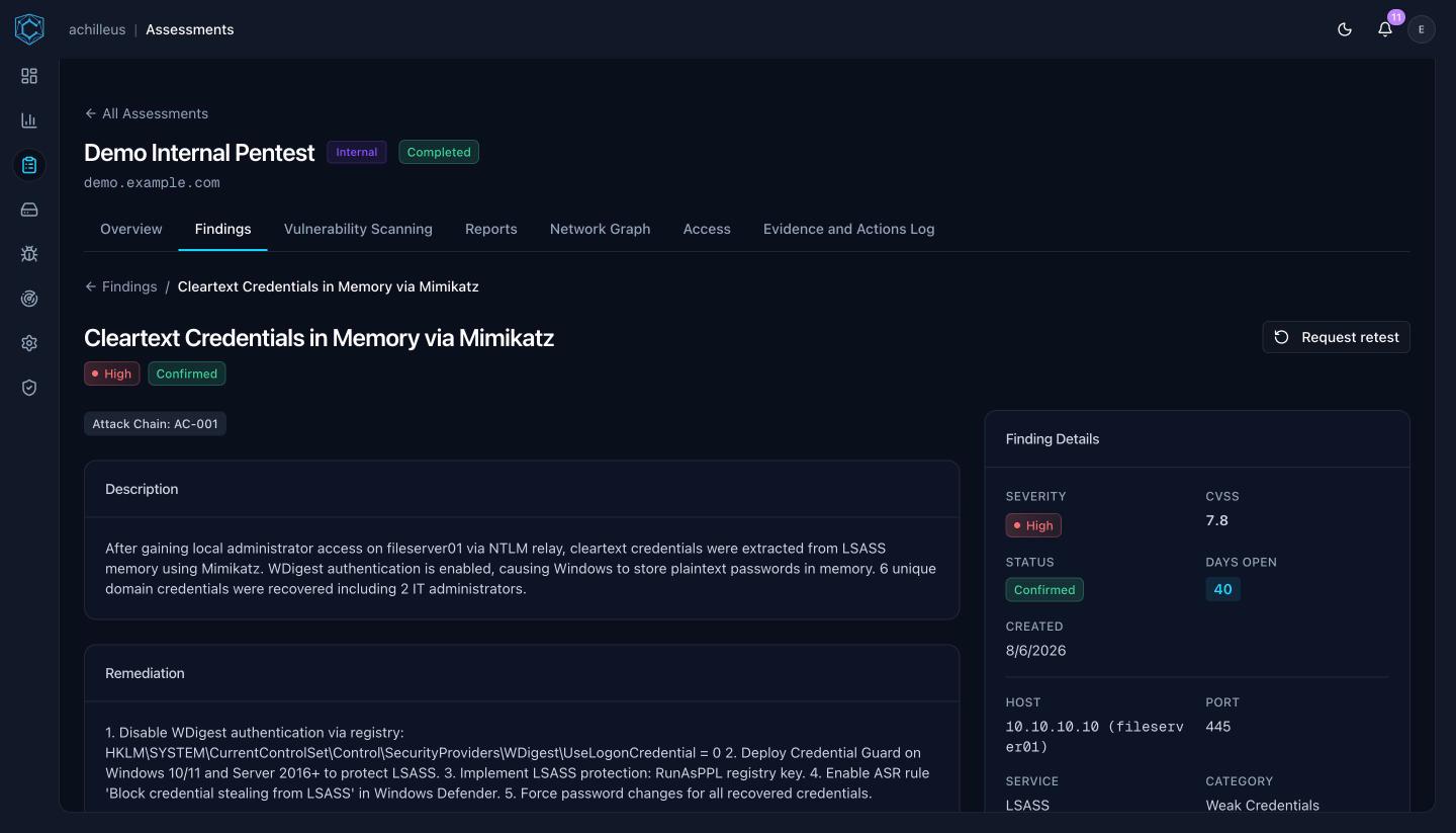 Canima finding detail with description, remediation steps, and metadata panel